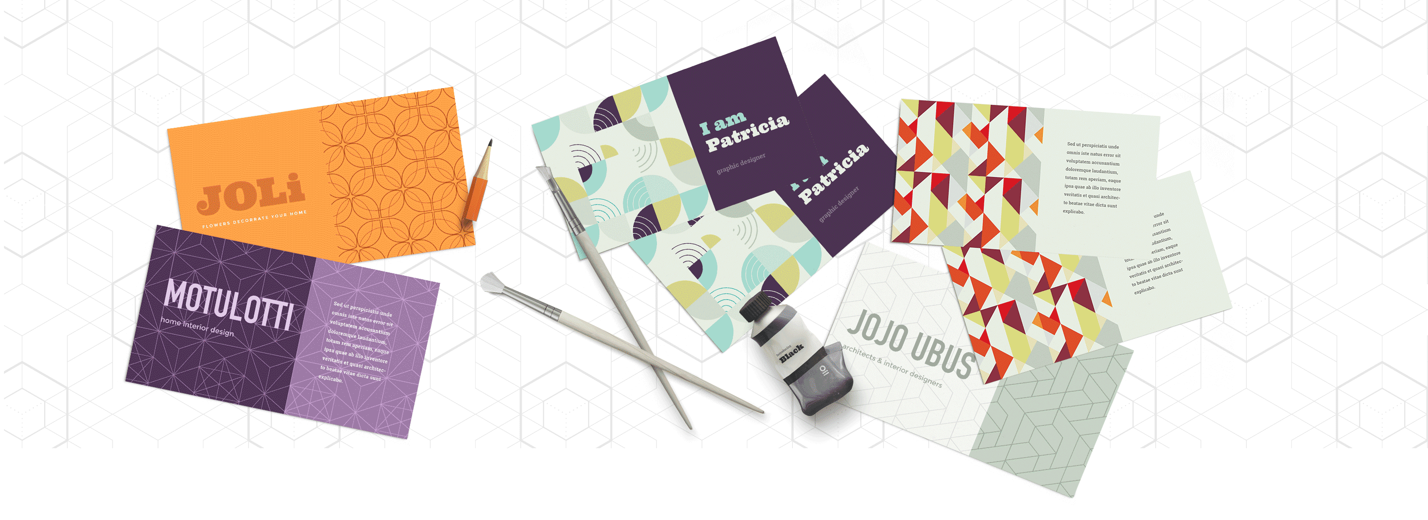 collage of the 20 FREE seamless geometrical Adobe Illustrator patterns - showing business card mockups