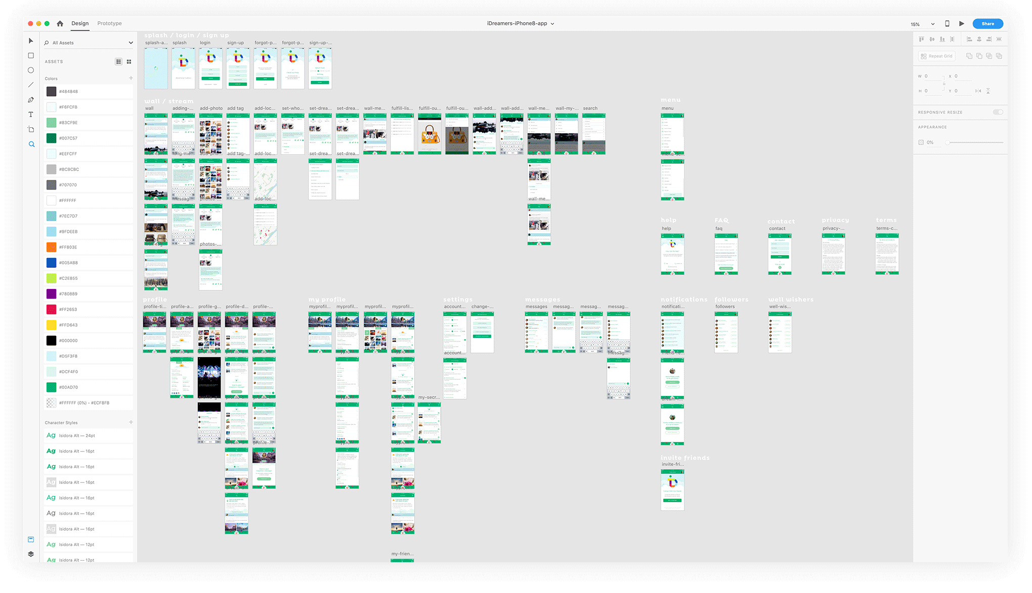 A zoomed out screenshot of all the screens of my very 1st mobile app project in Adobe XD