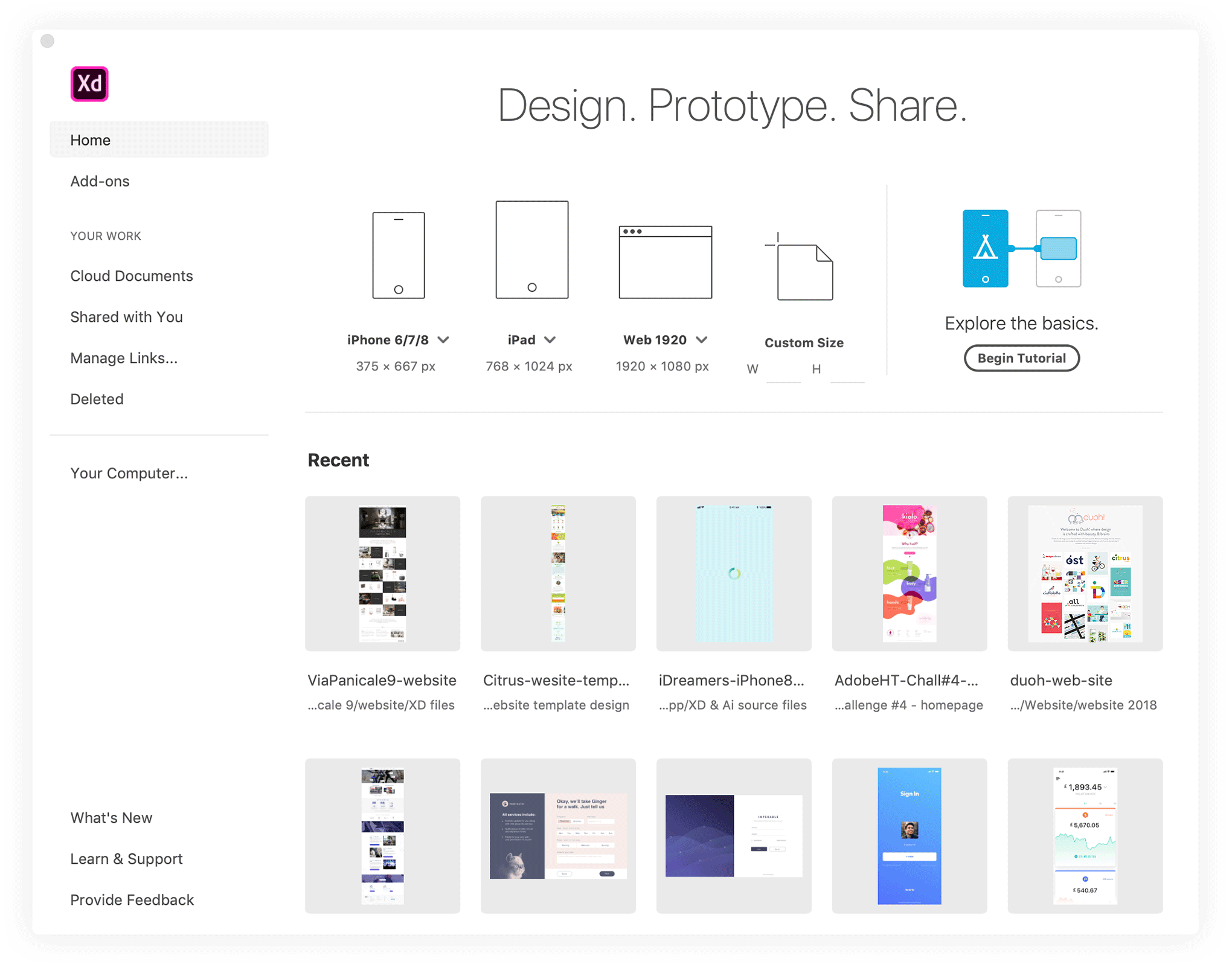 Adobe XD startup splash screen showing a set of popular mobile and web document dimensions, a button to a quick tutorial and a few of your recently opened projects