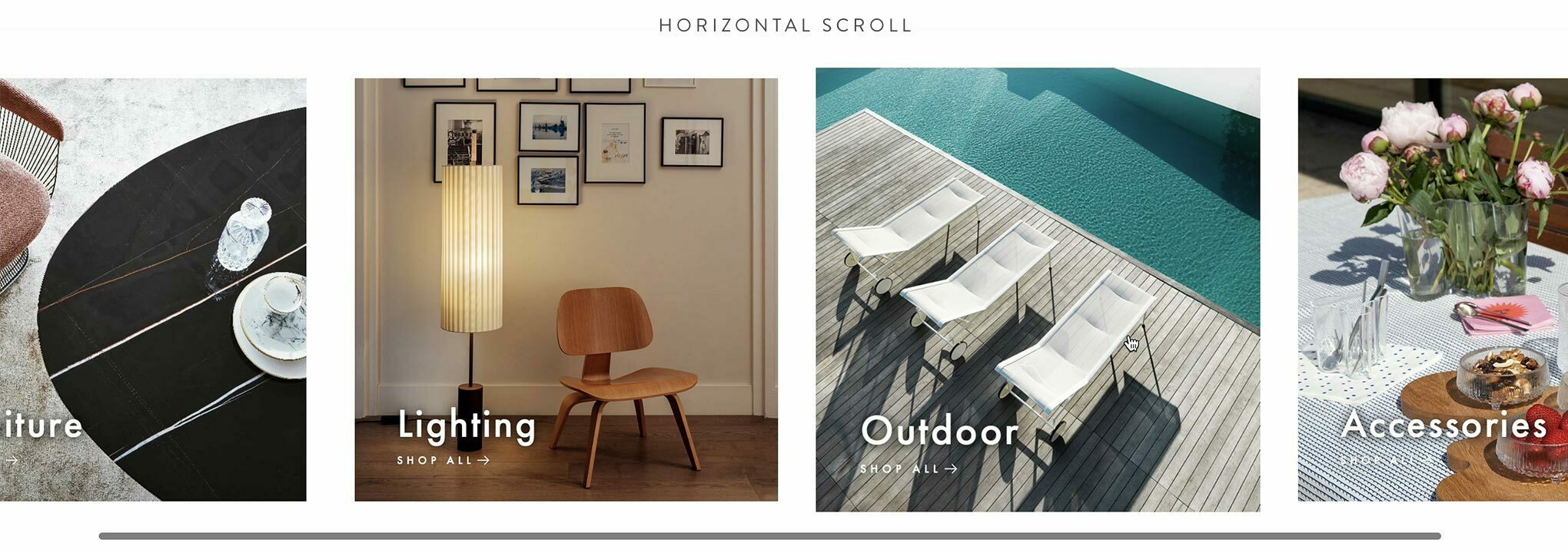 Horizontal scrolling area of the product categories on Designcollectors website