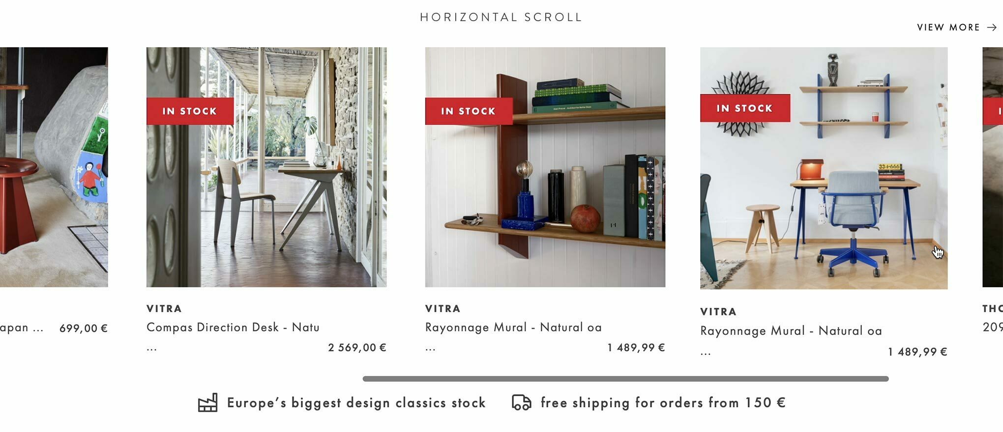 Horizontal scrolling area of featured products on Designcollectors website