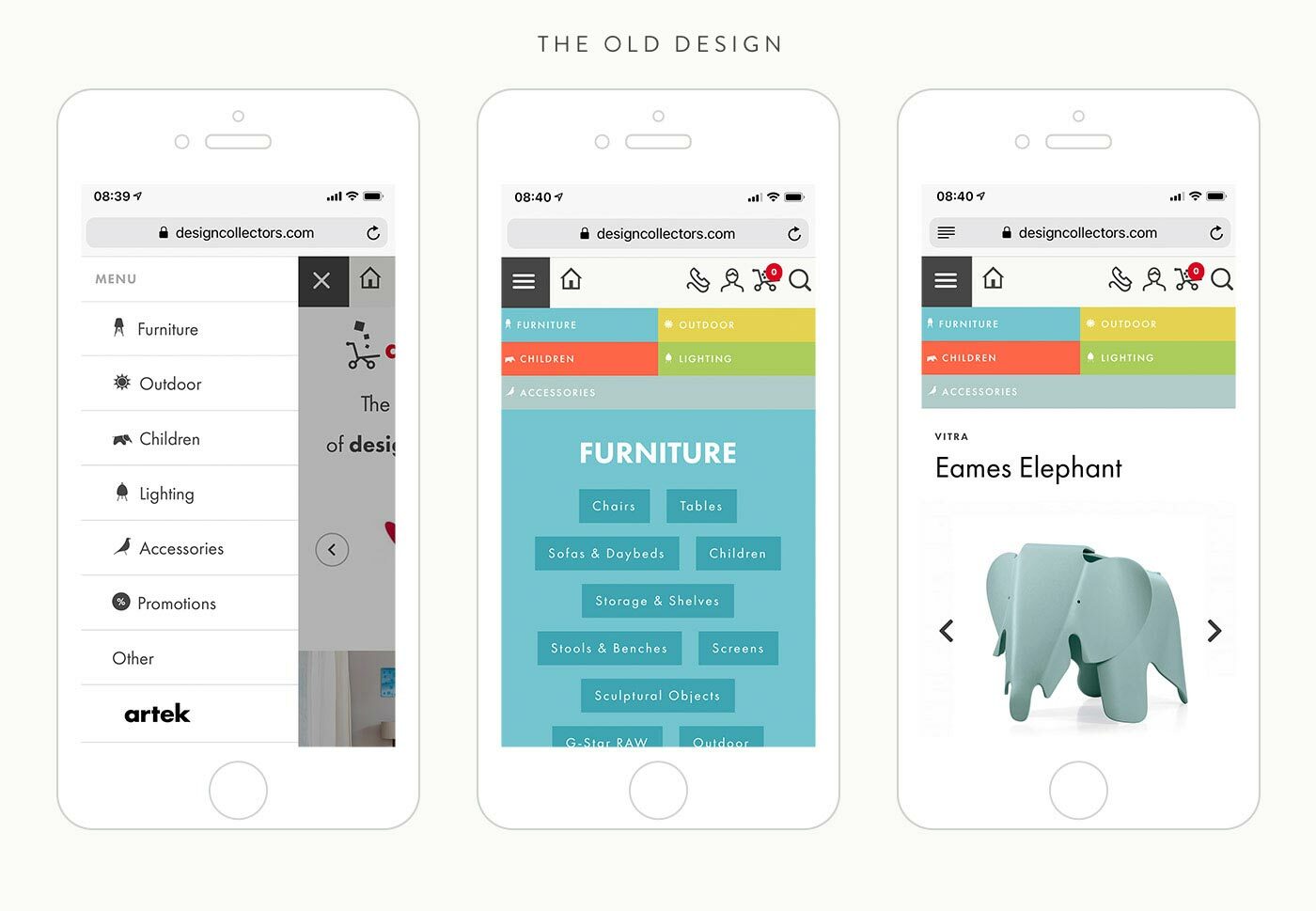 Designcollectors website on mobile, the old 2015 version