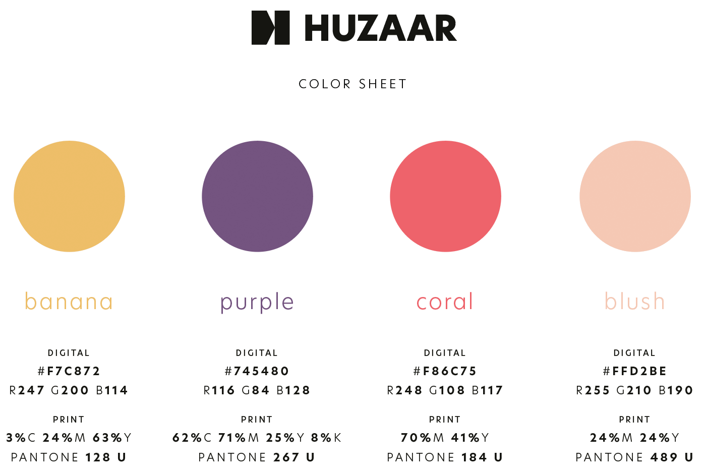 Huzaar color palette, showing banana, purple, coral and blush with color values