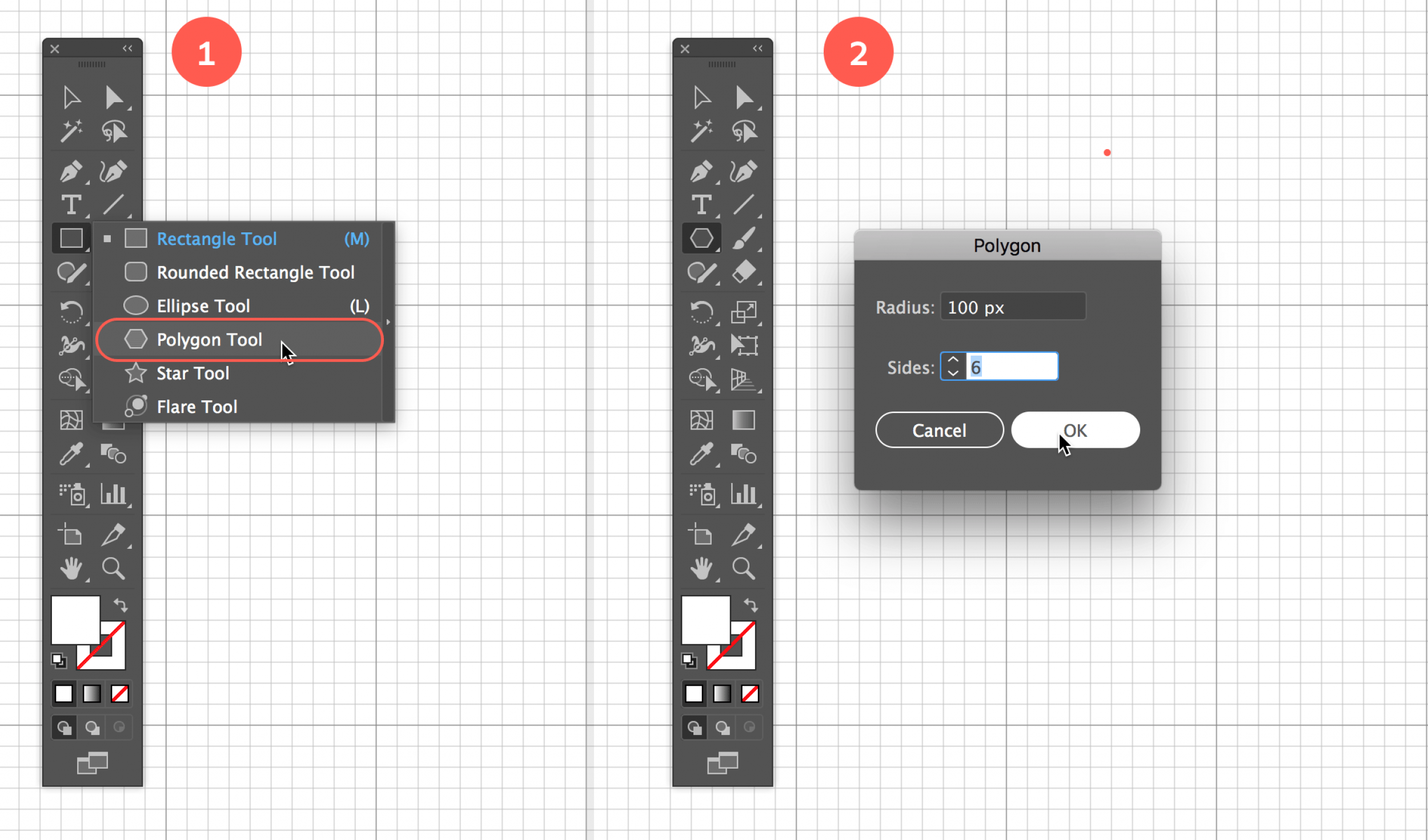 Select the Polygon tool, Option/Alt click and Create a Hexagon of 100px Radius