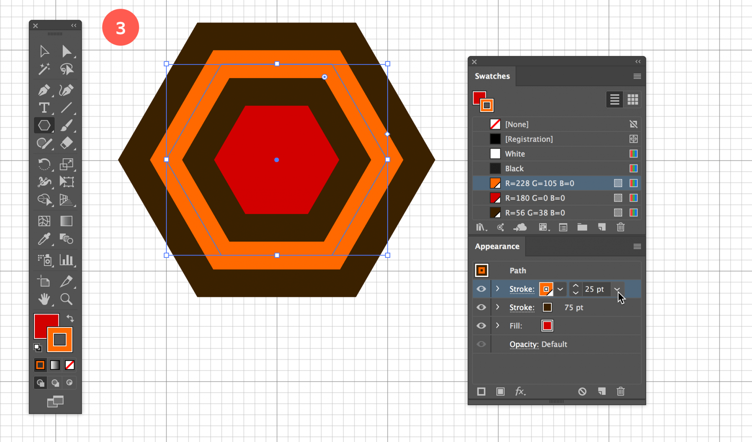 Give the Hexagon a Red fill and Thick Brown Stroke of 75pt with a 25pt Orange Stroke on Top