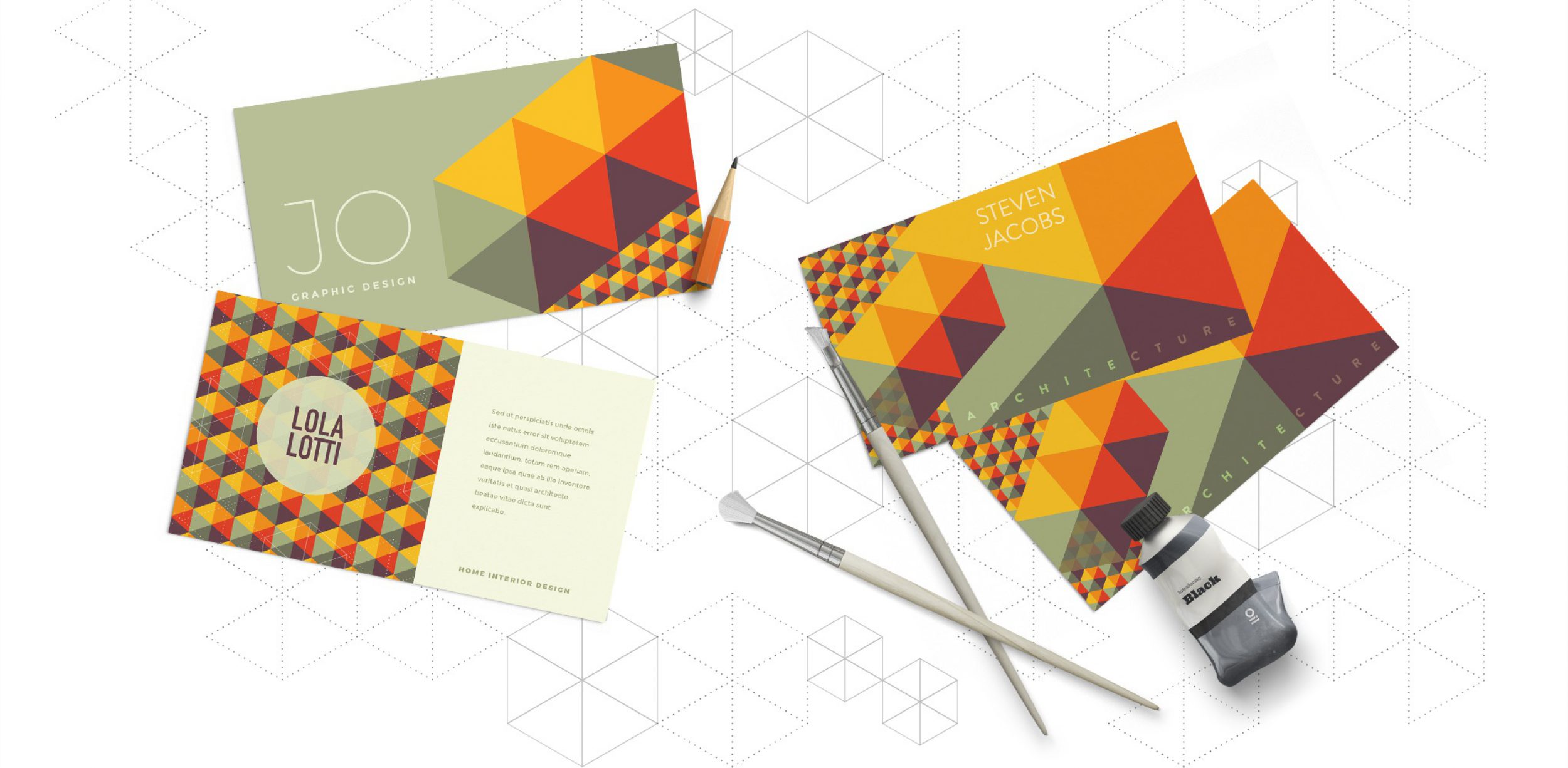 Business card examples using a cube pattern design