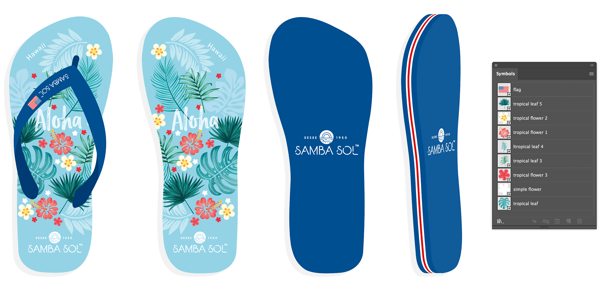 One of the many flip-flops designs created for Samba Sol. This is the Hawaii version.