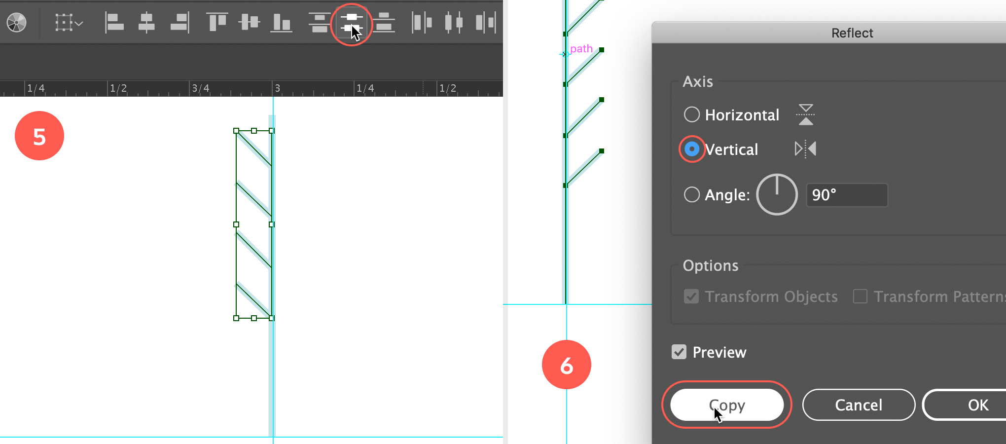 Vertically distribute center, then copy reflect the 4 lines along the vertical line to the other side of the line.