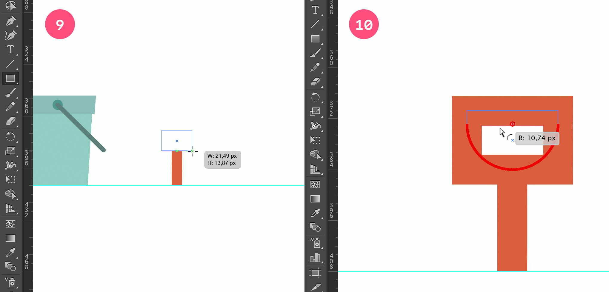 Draw the shovel handle using the Rectangle tool and rounded corner feature.