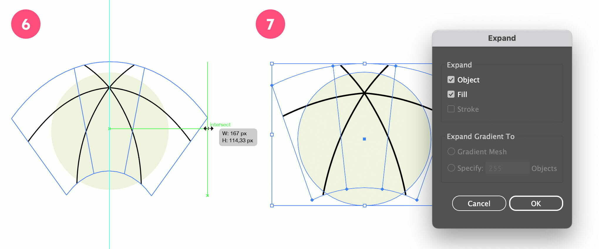 Align the lines on the circle and expand the arch effect.