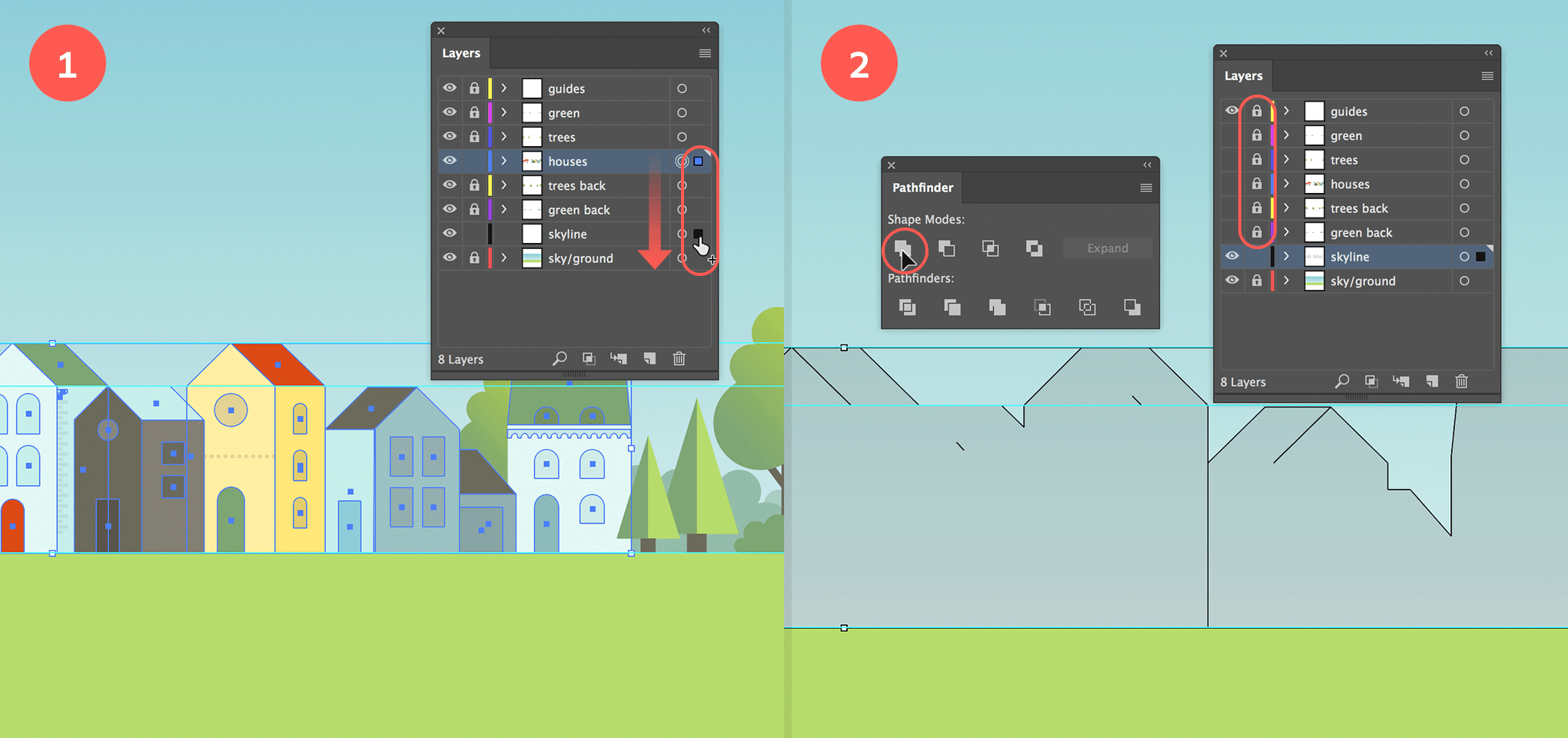 Duplicate the houses layer and Unite the shape into 1 object