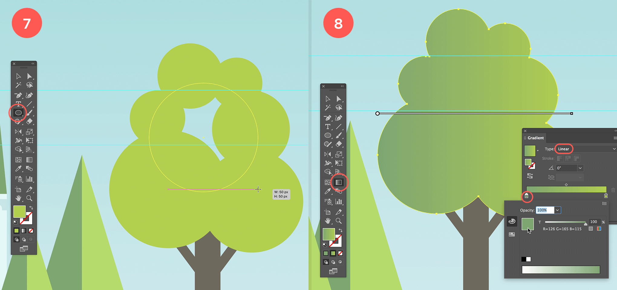 Create the green part of the tree, unite the shape and apply green gradient fill.