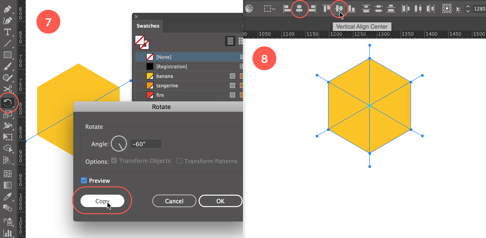 Copy Rotate the line by 60° and center align the lines with the hexagon