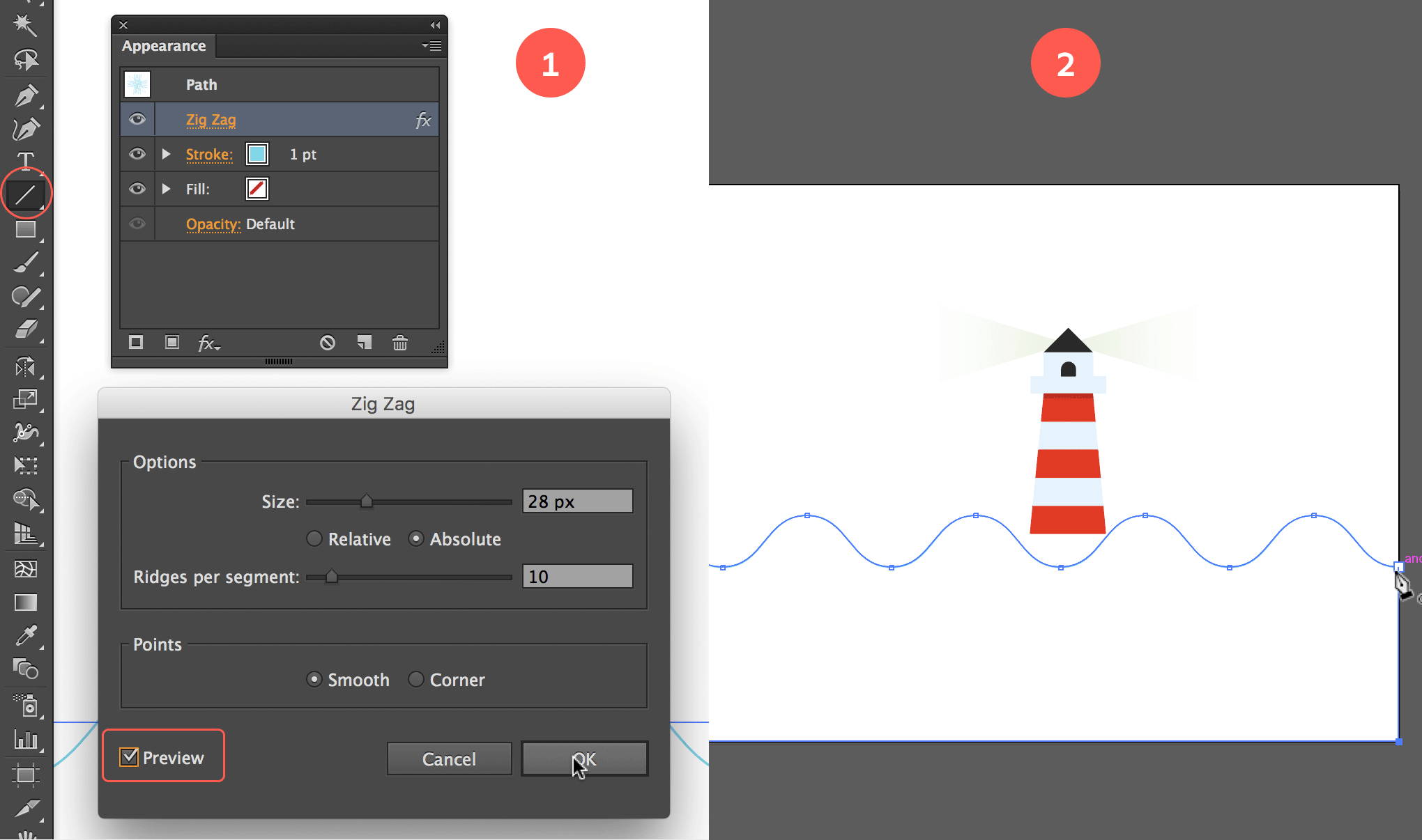 Create a curved horizontal line