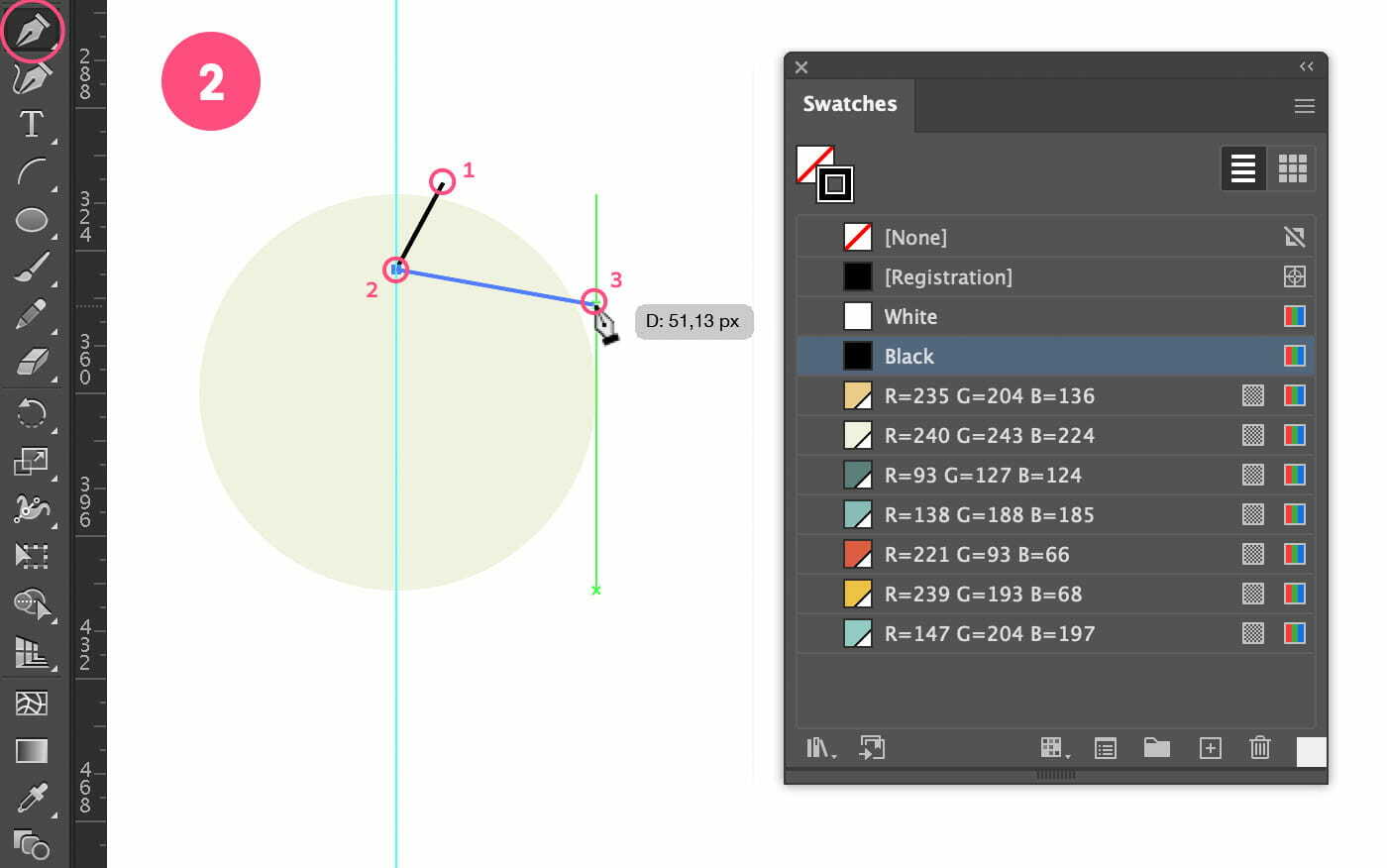 Draw 2 straight black lines onto the circle using the Pen tool.