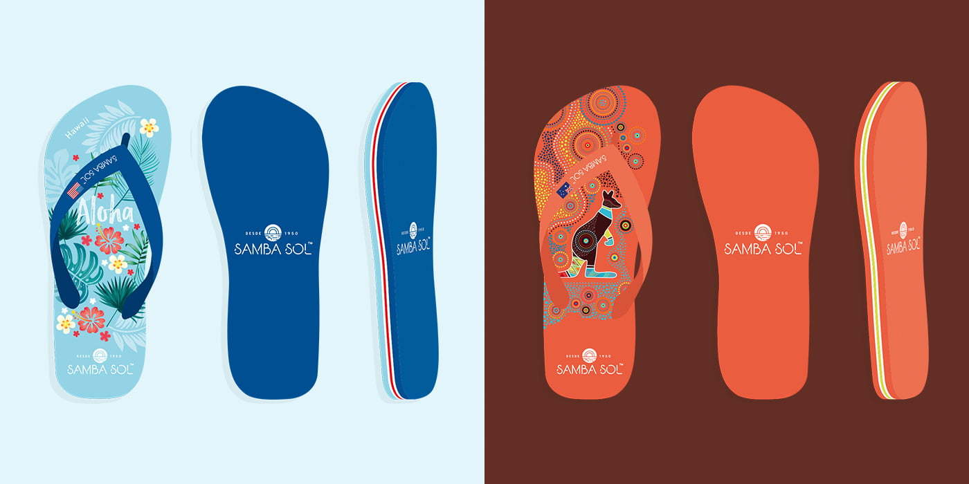 Some of the many Samba Sol flip flop designs