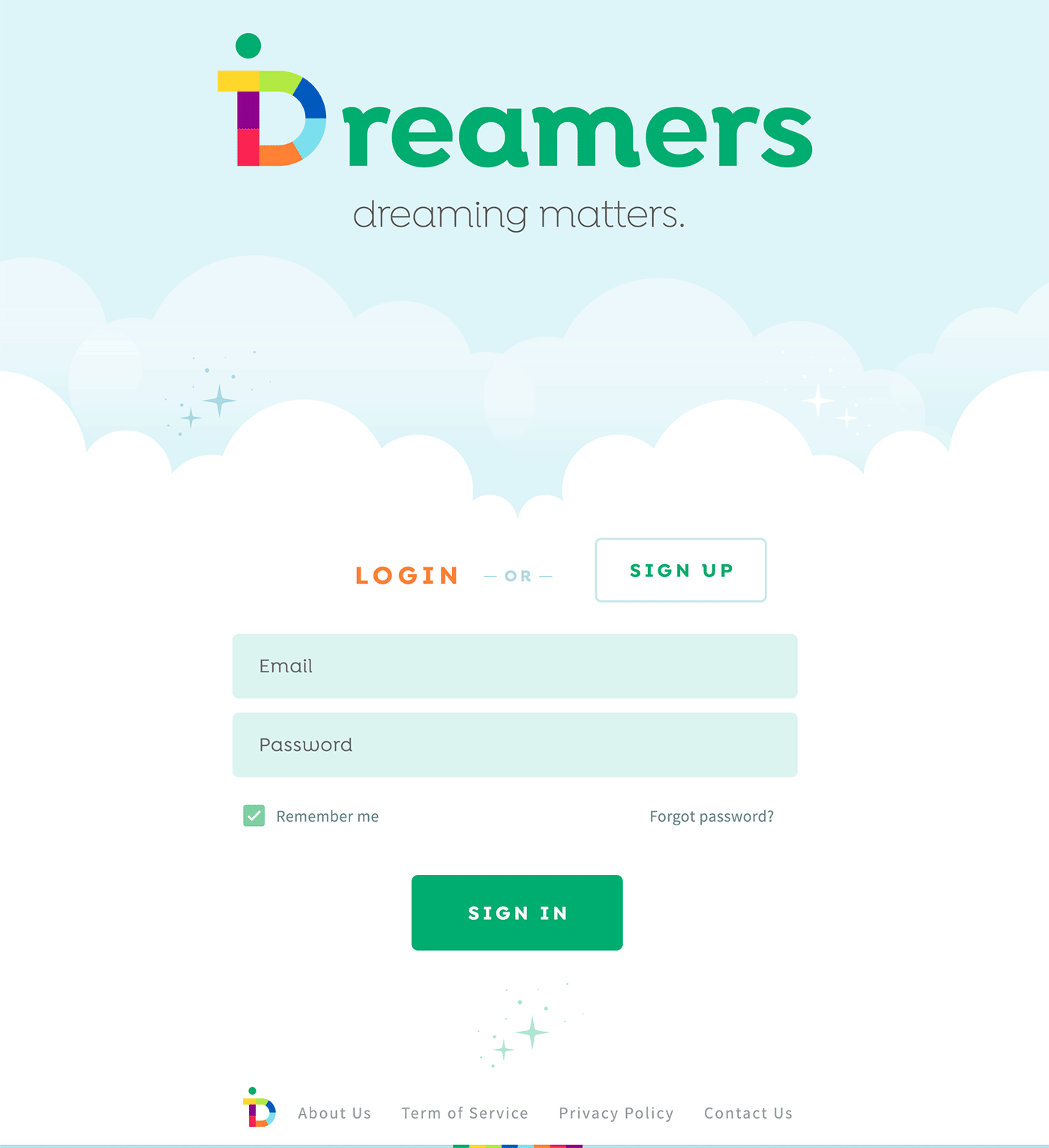 iDreamers web site landing (login / sign up) page design